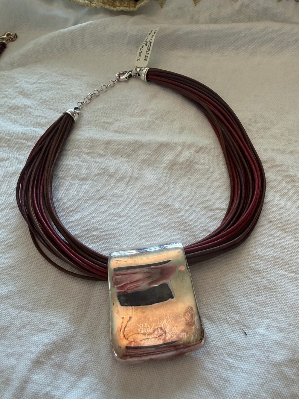 Milor Multi-Strand Burgundy and Brown Leather Necklace with 925 Silver Pendant